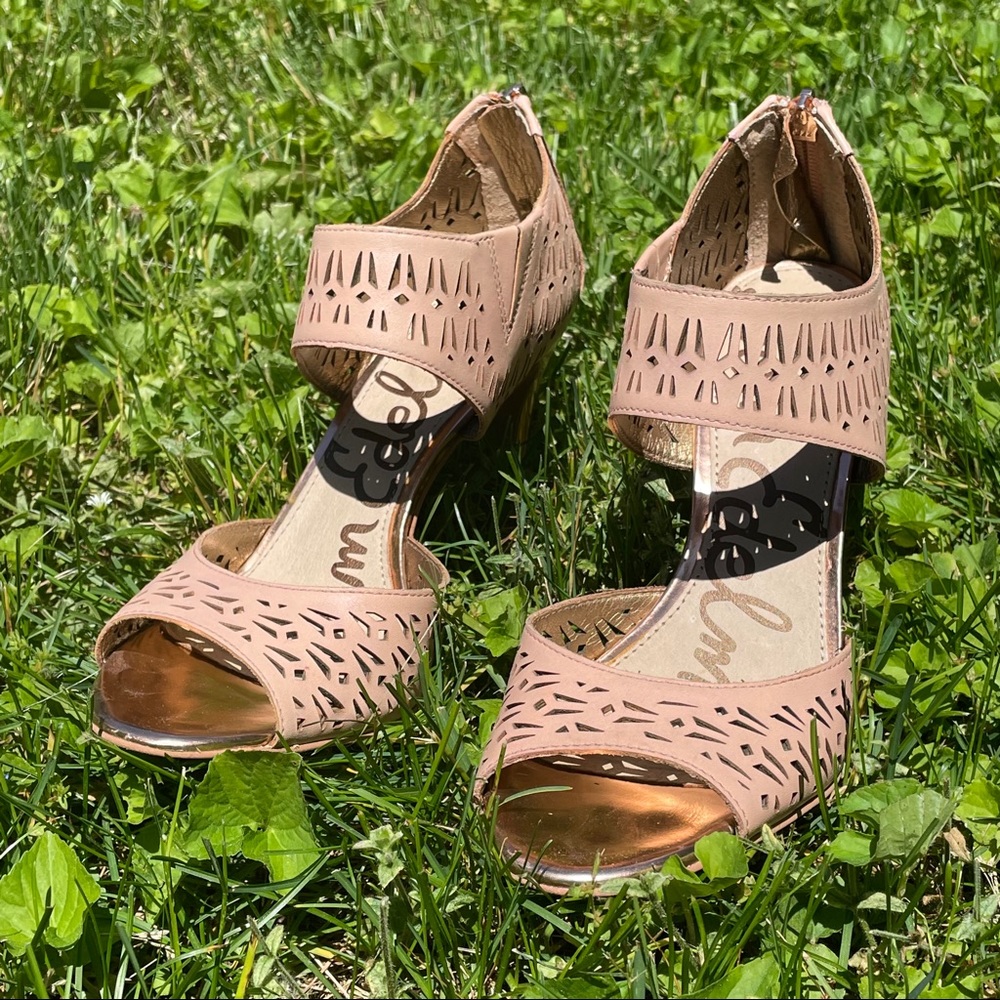 Sam Edelman Nude Pink Laser-Cut Peep-Toe Wedge Sandals